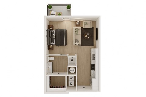 Floor plan for studio, 1 bath, 645 sqft